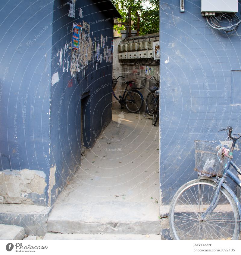 Insight back alley Subculture Poster Beijing Wall (barrier) Wall (building) Level Alley Bicycle Site Authentic Retro Gloomy Blue Secrecy Environment Decline