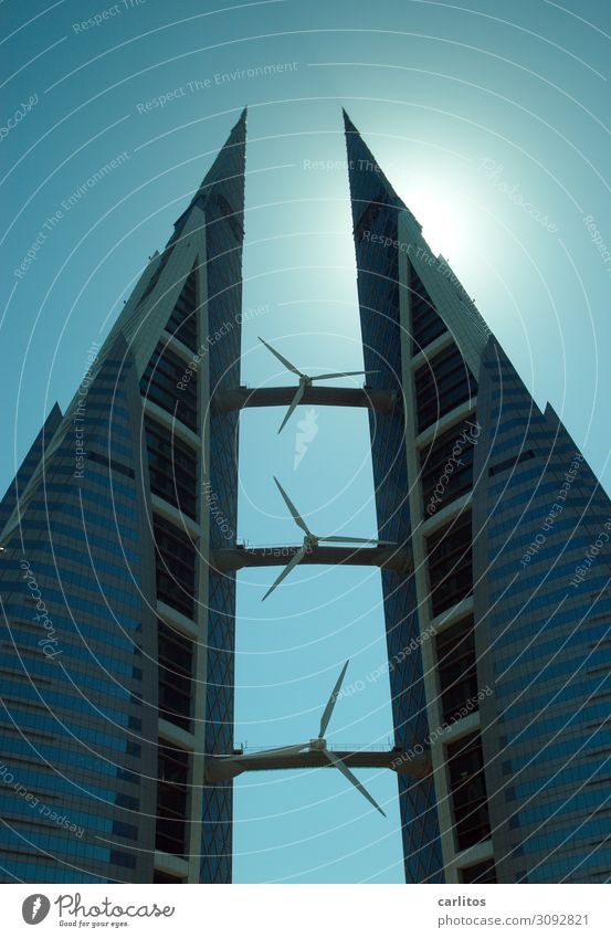Bahrain World Trade Center Manama High-rise two towers Wind energy plant Rotor Energy Energy industry Free Symmetry Architecture Back-light construction boom