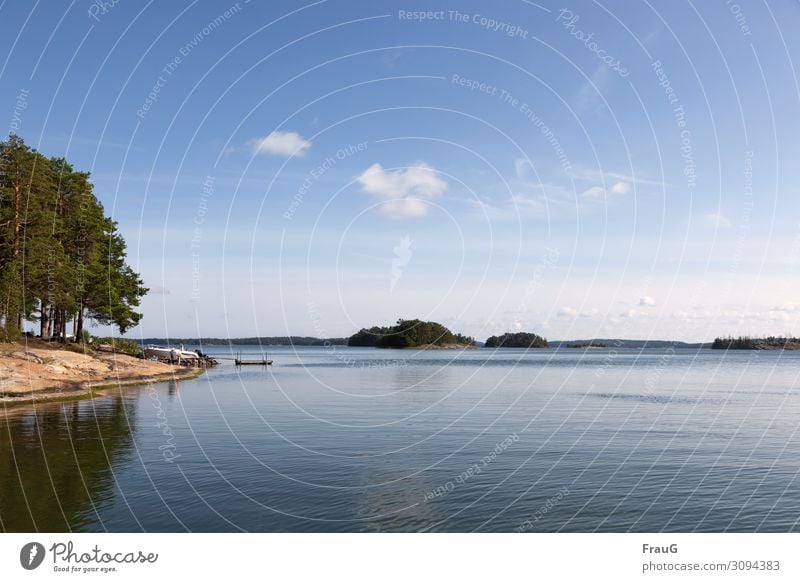 Summer by the sea Landscape Water Ocean Baltic Sea coast Beach Nature Vacation & Travel archipelago rock Forest boats Footbridge Clouds Sky Beautiful weather