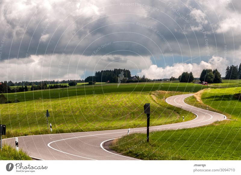 S Trip Landscape Sky Clouds Summer Tree Meadow Hill Transport Traffic infrastructure Street Curve Driving Mobility Target Colour photo Exterior shot Deserted