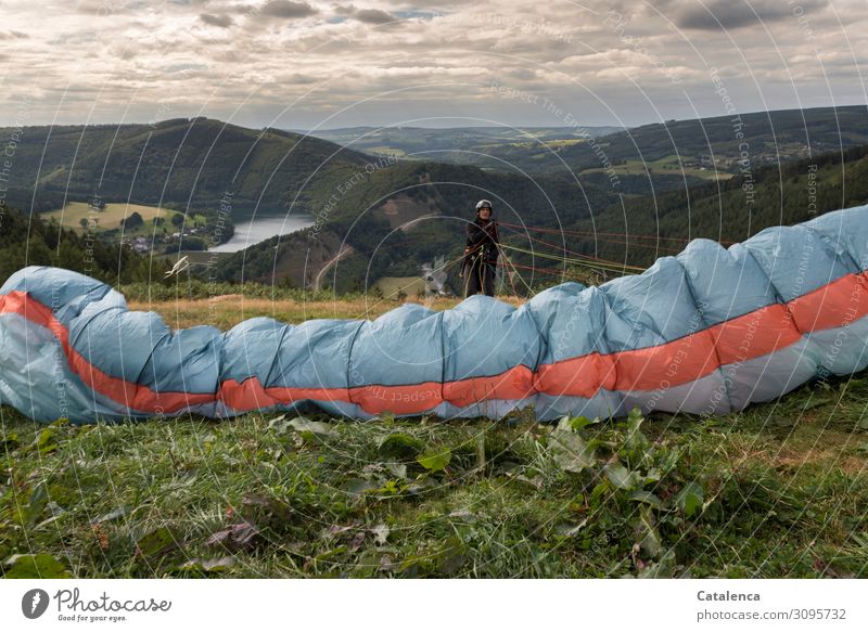 Testing lines, paraglider about to take off Paragliding Paraglider Masculine 1 Human being Landscape Sky Clouds Horizon Summer Bad weather Plant Grass Bushes