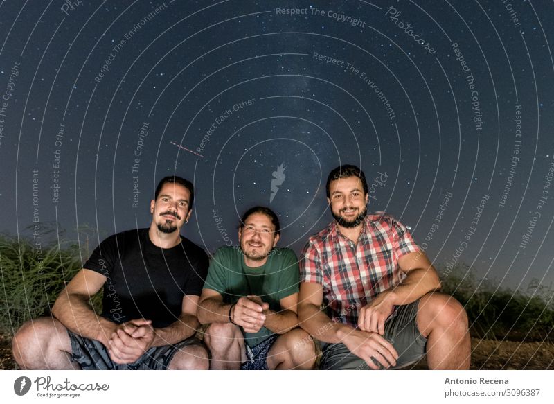 three friends posing with the milky way in the background Lifestyle Happy Relaxation Summer Human being Man Adults Friendship Sky Sit Cool (slang) Dark Black