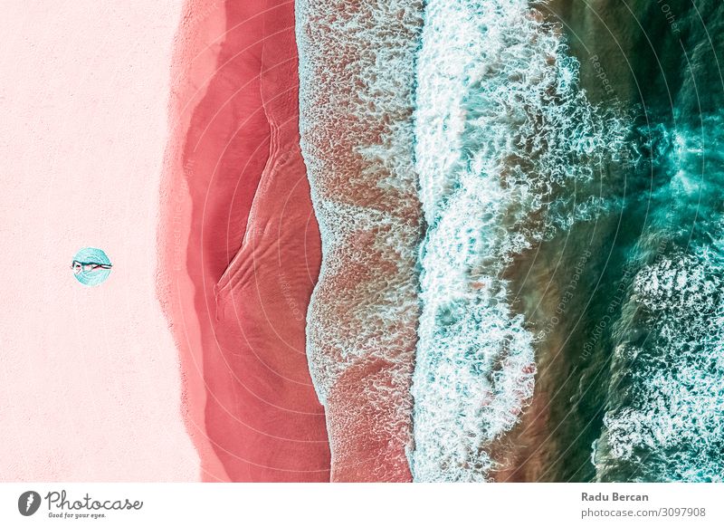 Aerial View Of Woman On Pink Ocean Beach Lifestyle Exotic Vacation & Travel Freedom Summer Summer vacation Sunbathing Island Waves Human being Feminine