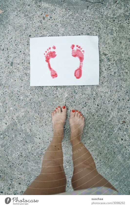 summer feet Feet Toes Legs Woman feminine Footprint Image Painted Imprint Colour Red Leaf Paper Stand Street Asphalt Strange Exceptional Nail polish Looking