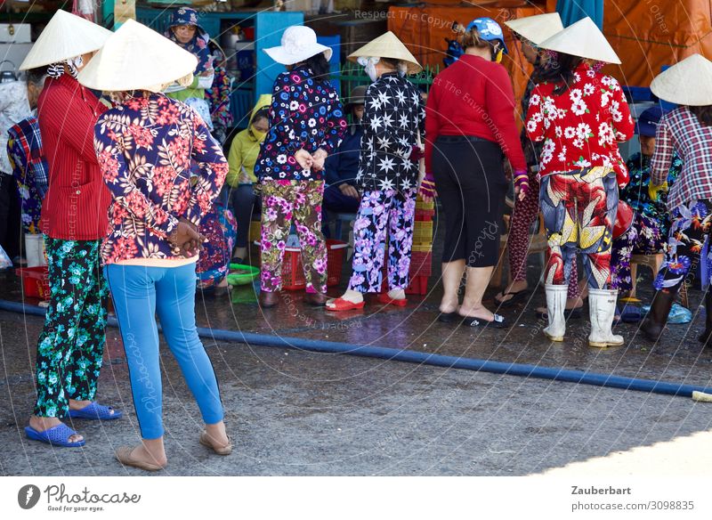 flower reunion Shopping Human being Feminine Woman Adults Group 30 - 45 years Saigon Vietnam Pants Blouse Hat Sunhat To talk Stand Exotic Together Blue Gray Red