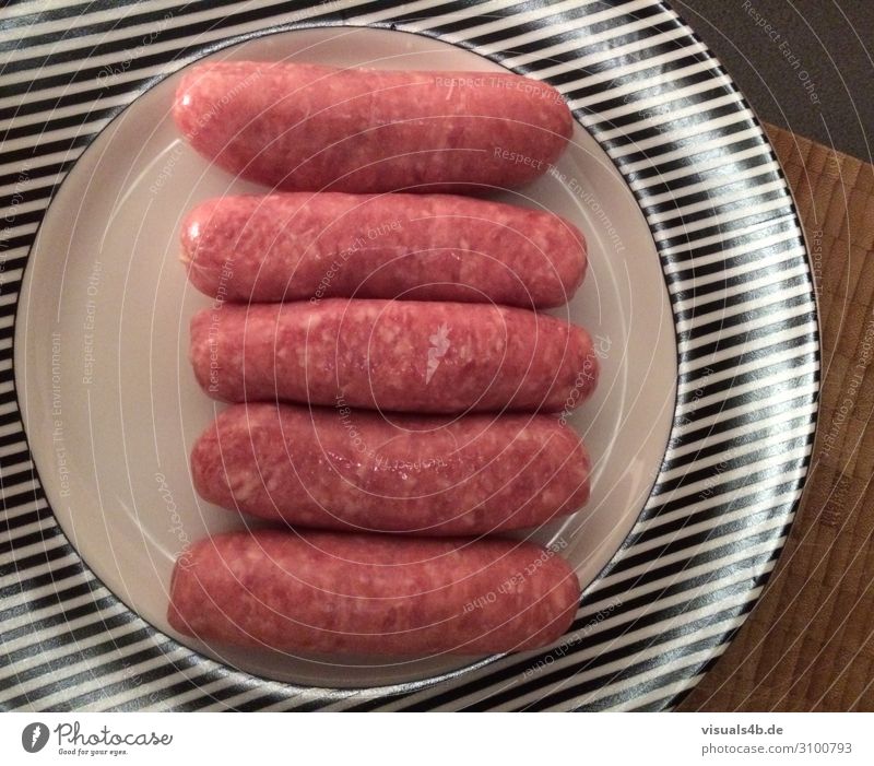 Five fresh sausages on a plate Sausage Bratwurst Nutrition Picnic Fast food Plate Overweight Restaurant Butcher Penis Farm animal Digits and numbers Eroticism