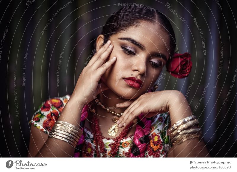 Beautiful young lady in traditional Mexican dress. Feminine Young woman Youth (Young adults) Skin Head Hair and hairstyles Face Eyes Ear Nose Mouth Lips Hand