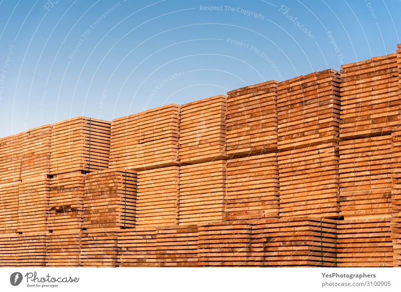 Wood planks pile under the blue sky. Outside wood stock Factory Economy Business Saw Environment Tree Destruction Alternative Blue sky carpentry commercial Cut