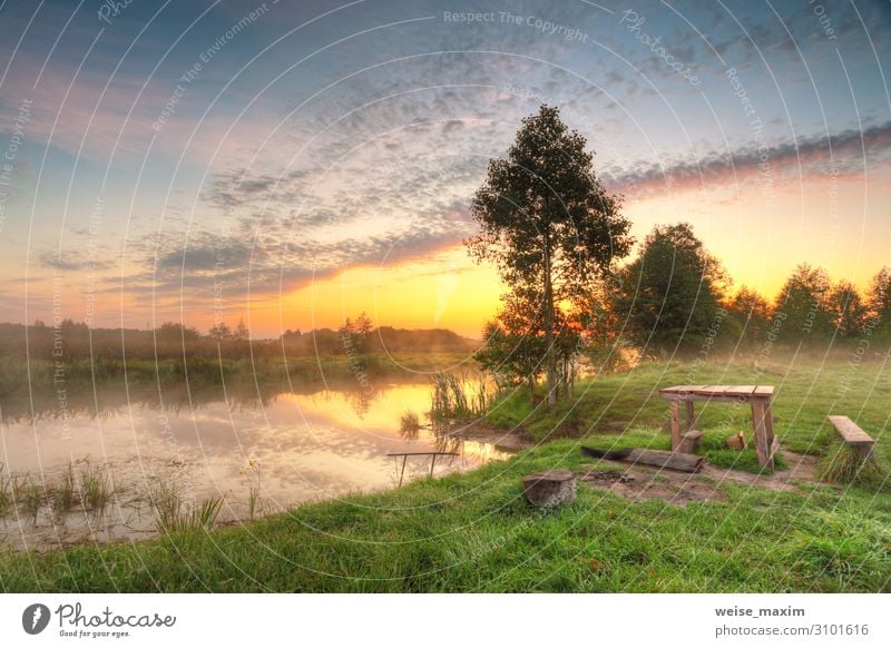 Place for picnic. Autumn dawn scene panorama Vacation & Travel Tourism Trip Adventure Far-off places Table Environment Nature Landscape Air Water Sky Sunrise