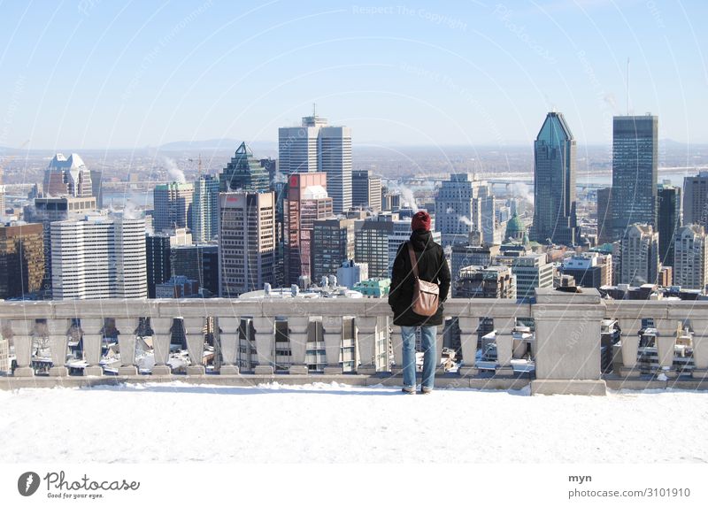 Woman with handbag in front of Montréal skyline in Canada with snow Montreal City Skyline Snow Vantage point vantage point viewing platform Québec Handbag Town