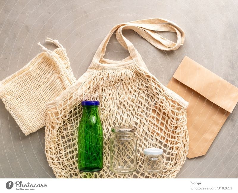 Reusable fabric bag and glass bottles, flat lay Glass Lifestyle Shopping Environment Paper Fabric bag Paper bag Glassbottle Simple Healthy Hip & trendy