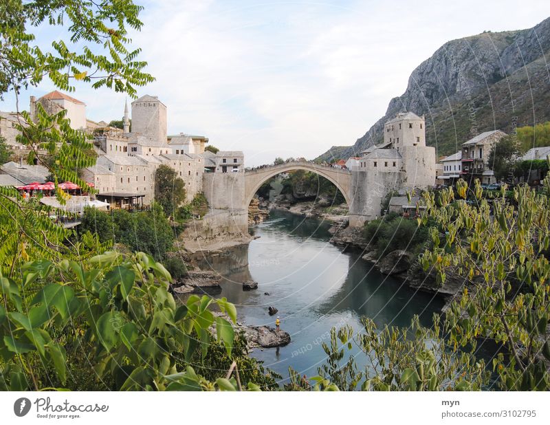 Old town and bridge in Mostar, Bosnia Herzegovina Bridge River History of the Landmark Panorama (View) Islam Exterior shot Deserted Tourist Attraction
