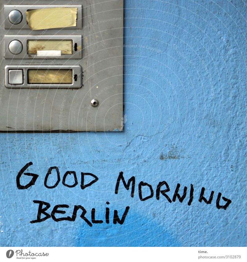 Berlin morning (II) Wall (barrier) Wall (building) Name plate Bell Sand Metal Characters Graffiti Firm Trashy Gloomy Self-confident Determination Sympathy