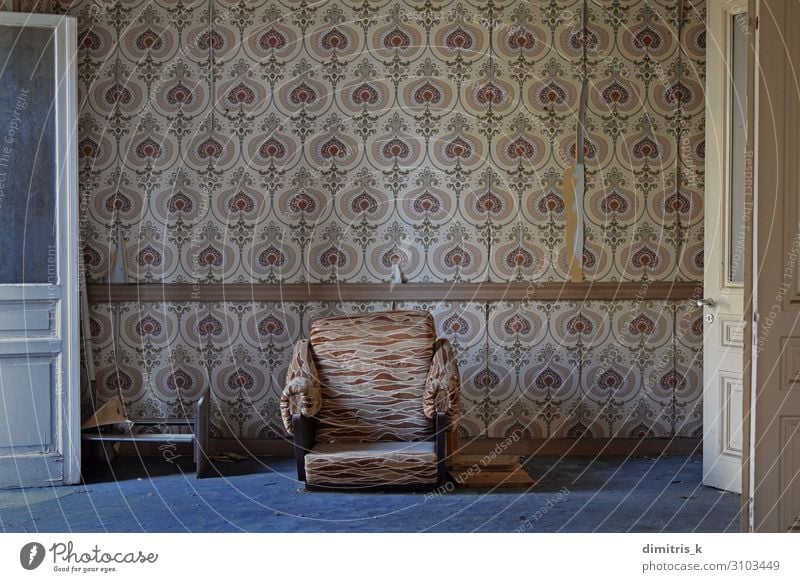 abandoned house living room House (Residential Structure) Furniture Chair Wallpaper Living room Architecture Faded Wait Dirty Retro Moody Loneliness Nostalgia
