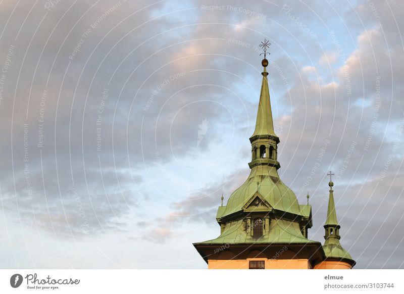 steeple Sky Clouds Old town Church Architecture Church spire Christian cross Historic Contentment Power Trust Safety Compassion Grateful Tolerant Hope Belief