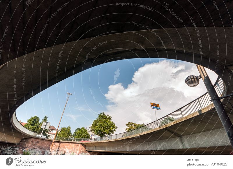 roundabout Sky Clouds Tree Freiburg im Breisgau Downtown Street Fence Bridge Round Perspective Arch Above Colour photo Exterior shot Deserted Copy Space top