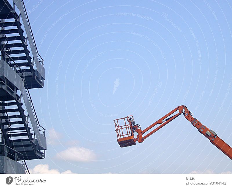 Lifting platform in front of an outside staircase, in front of a blue sky. Professional training Construction site Craft (trade) Career Retirement Closing time