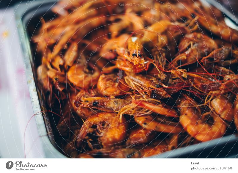 Cooked shrimps or prawns on a silver platter. Food Seafood Nutrition Eating Breakfast Lunch Dinner Diet Asian Food Colour photo Interior shot Close-up Detail