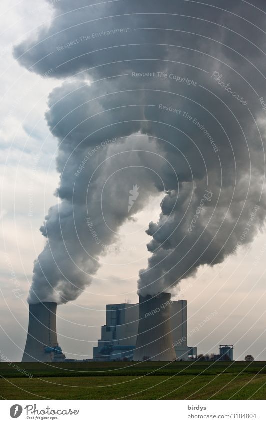 Lignite-fired power plant in NRW, CO2 Energy industry co2 Coal power station Clouds Climate change Bad weather Field cooling tower Authentic Dirty Gray Concern