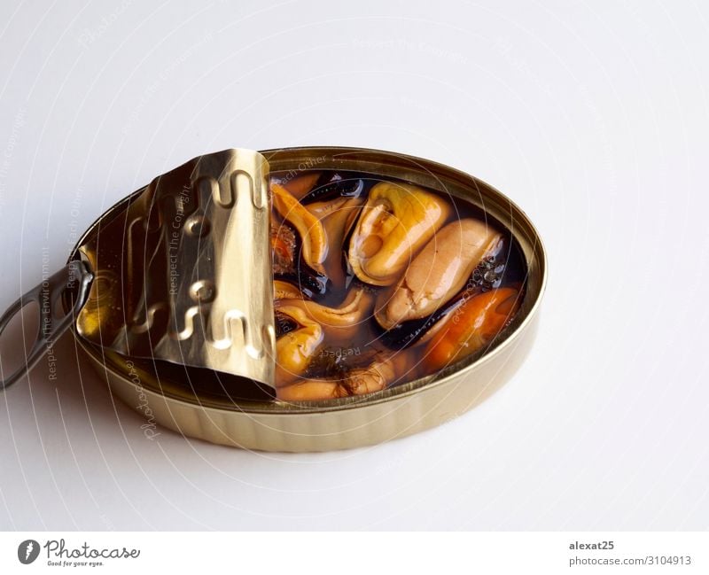 Natural mussels canned on white background Seafood Nutrition Dinner Container Mussel Tin Metal Steel Glittering White Canned Conserve Gourmet healthy