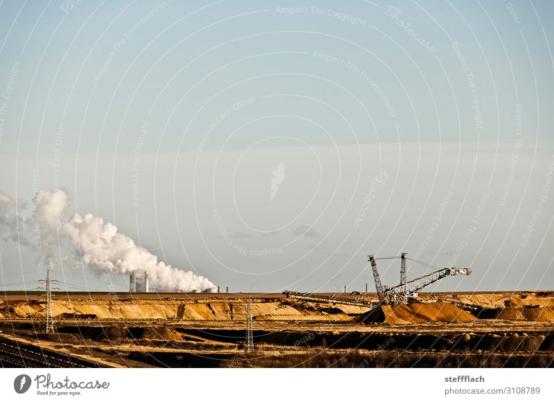 On the edge of the abyss Machinery Energy industry Coal power station Environment Nature Landscape Air Sky Cloudless sky Clouds Beautiful weather Canyon