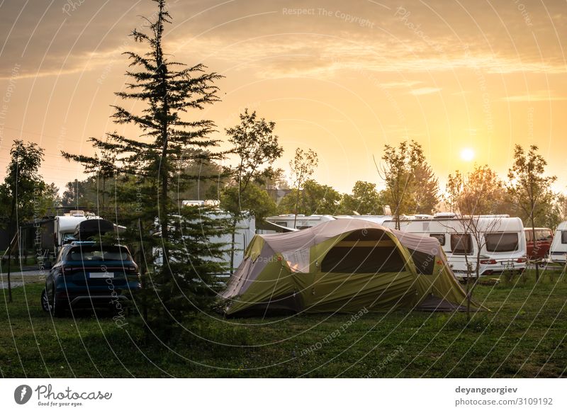 Caravans and tent on green meadow in campsite Joy Relaxation Leisure and hobbies Vacation & Travel Tourism Trip Adventure Camping Summer Sun Hiking