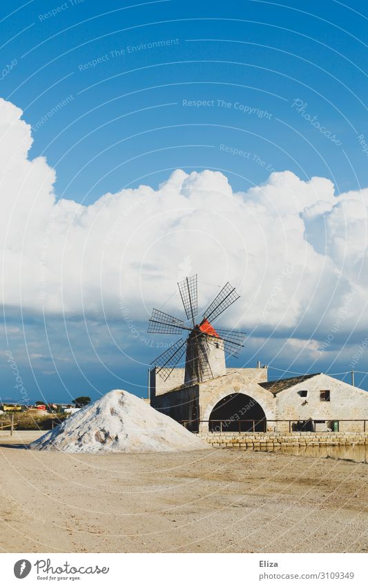 White Gold Industrial plant sea salt saline Saltworks Windmill desalination unit Cloud formation Clouds Blue sky Sun Sicily salt hills Multicoloured
