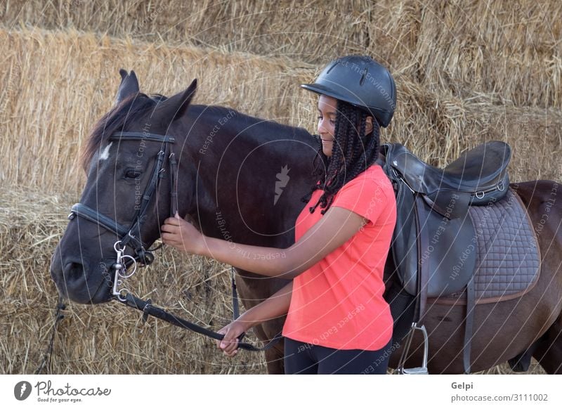 Beautiful teenager with his horse learning to ride Lifestyle Happy Leisure and hobbies Vacation & Travel Summer Child School Woman Adults Friendship Landscape