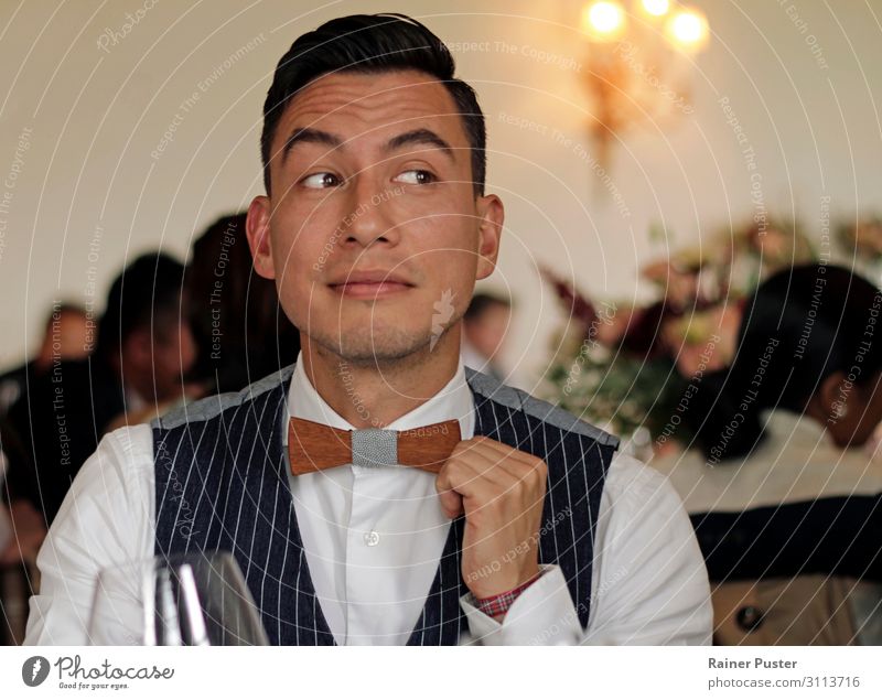 Man with vest and wooden fly looks to the side at a dinner event Feasts & Celebrations Wedding Masculine Adults 1 Human being 30 - 45 years Castle Suit Vest Fly