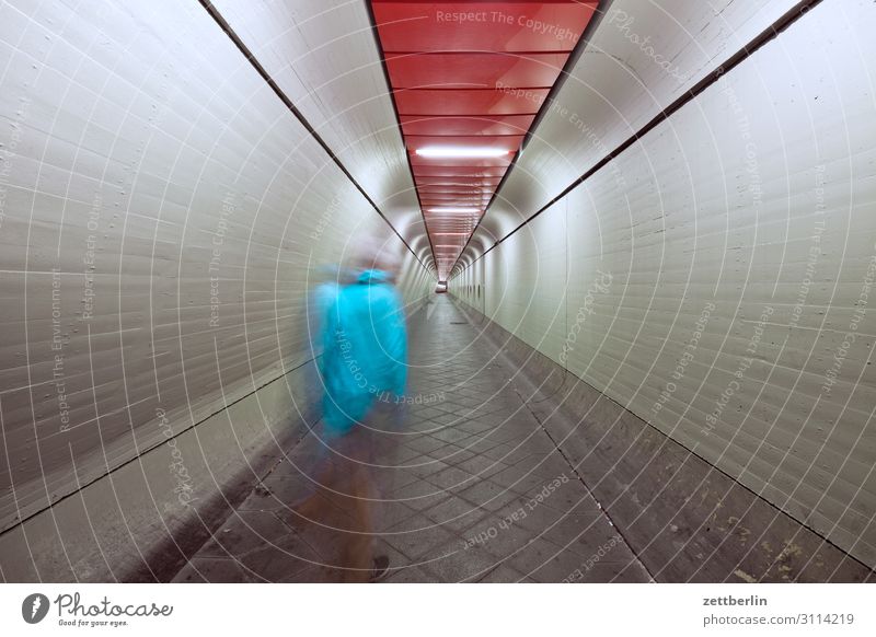 Man in tunnel (2) Movement Dark Dynamics Human being Night Airport Berlin-Tegel Tunnel Corridor Hall Warehouse Passage Escape Perspective Central perspective