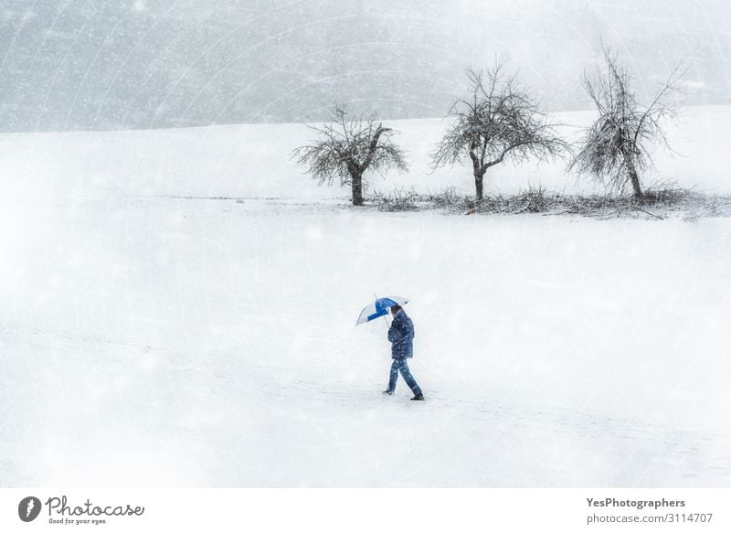 Snowstorm scenery. Man walking through snowfall. Winter weather Hiking Adults Nature Climate change Bad weather Storm Gale Snowfall White Loneliness Germany