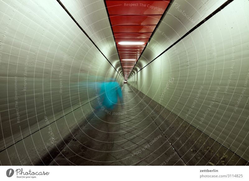 Man in tunnel (4) Movement Dark Dynamics Human being Night Airport Berlin-Tegel Tunnel Corridor Hall Warehouse Passage Escape Perspective Central perspective