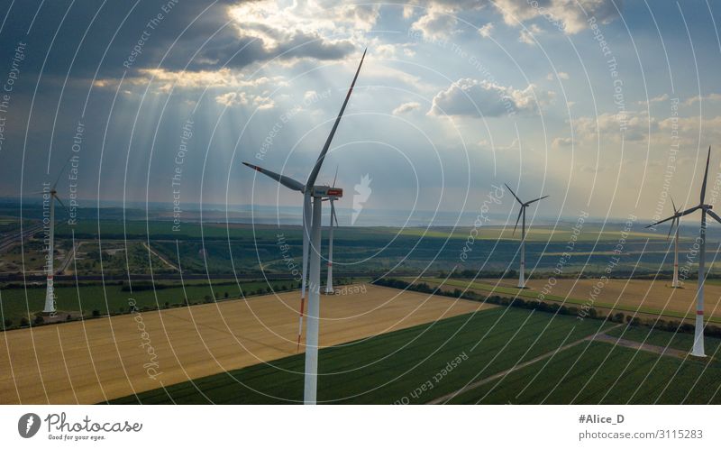 aerial view of wind turbines field energy Nature Wind Power Innovative Environment Environmental protection Aerial view agriculture clouds conservation dawn