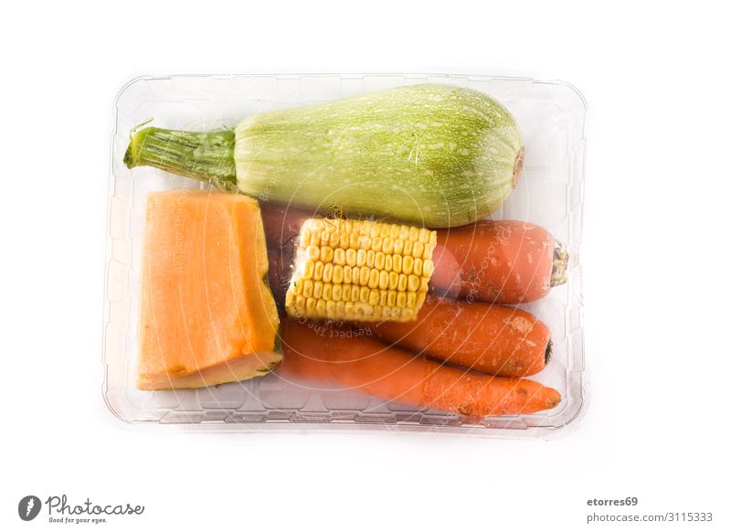 Various vegetables packaged plastic isolated on white background Vegetable Food Healthy Eating Food photograph Packaging Zucchini Pumpkin Carrot corn Vegan diet