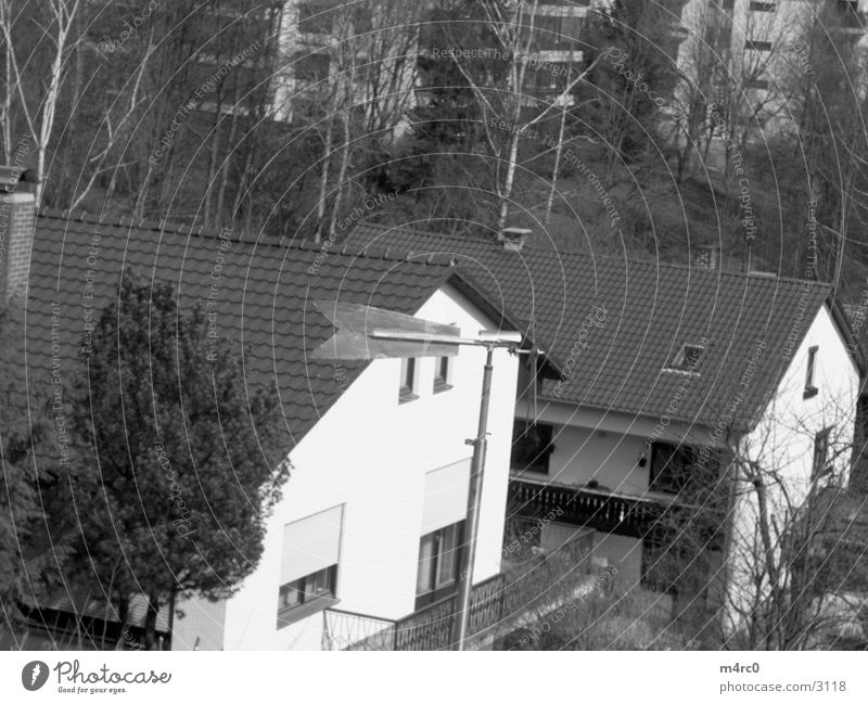 windmill Black & white photo Pinwheel Wind direction Settlement Bird's-eye view Tiled roof Pointed roof Gable end Apartment house Residential area