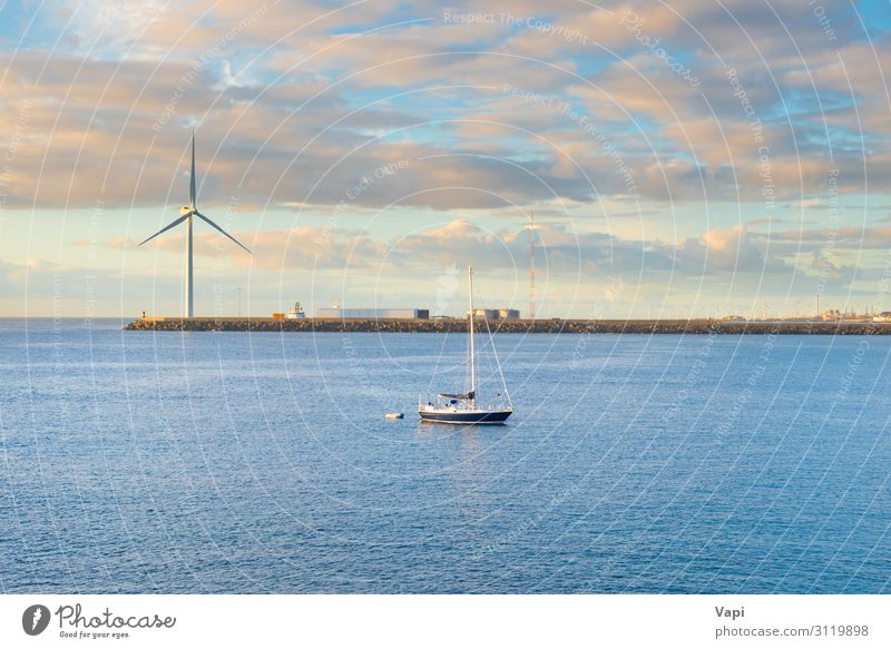 Landscape with bay, breakwater, windmill and yacht Lifestyle Beautiful Leisure and hobbies Fishing (Angle) Vacation & Travel Tourism Adventure Far-off places