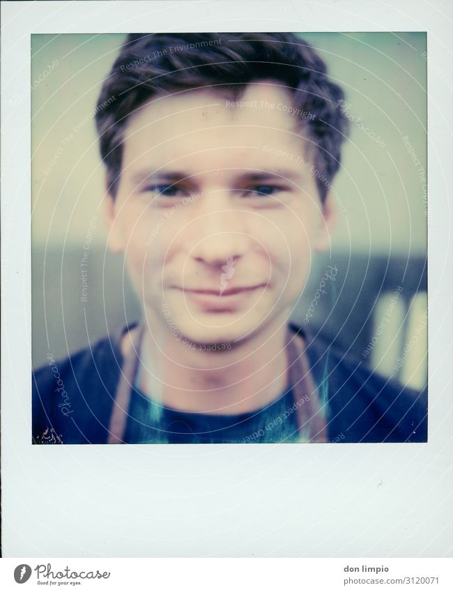 Instant photography means share Masculine Man Adults Face 1 Human being Smiling Sharp-edged Polaroid Colour photo Exterior shot Close-up Copy Space bottom