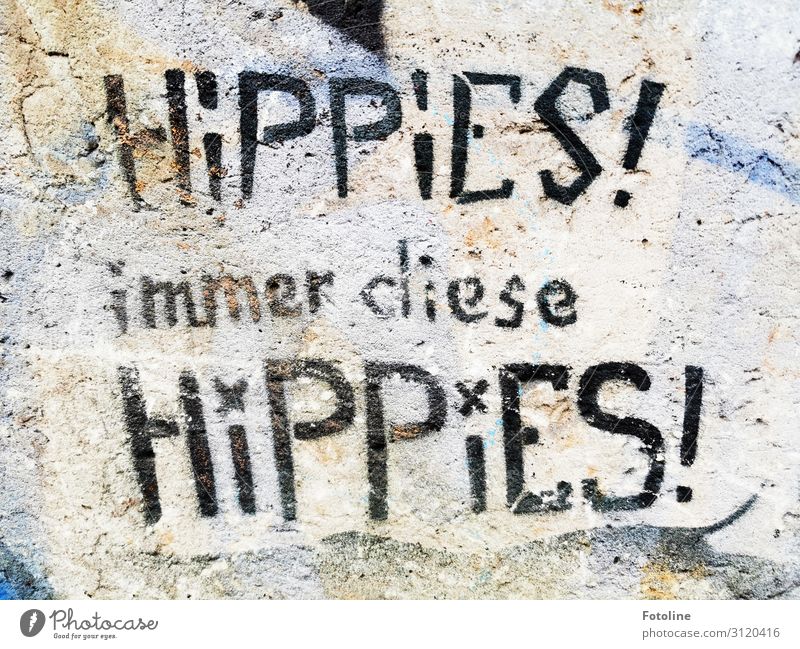 Hippies! Stone Concrete Sign Characters Graffiti Gray Black Logo Plaster Rendered facade Colour photo Subdued colour Exterior shot Close-up Detail Deserted Day
