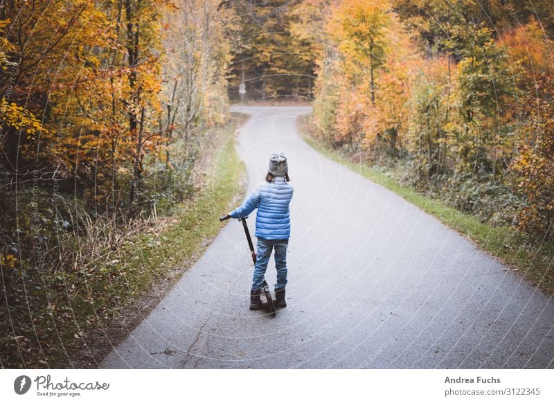 Excursion with scooter Child 1 Human being 3 - 8 years Infancy Nature Autumn Tree Forest Street Lanes & trails Looking Stand Blue Brown Yellow Gray Adventure