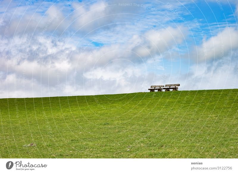 There are two benches on the dike...in good weather Bench Park bench seat Dike Nature Landscape Sky Clouds Spring Summer Climate Beautiful weather Grass Meadow