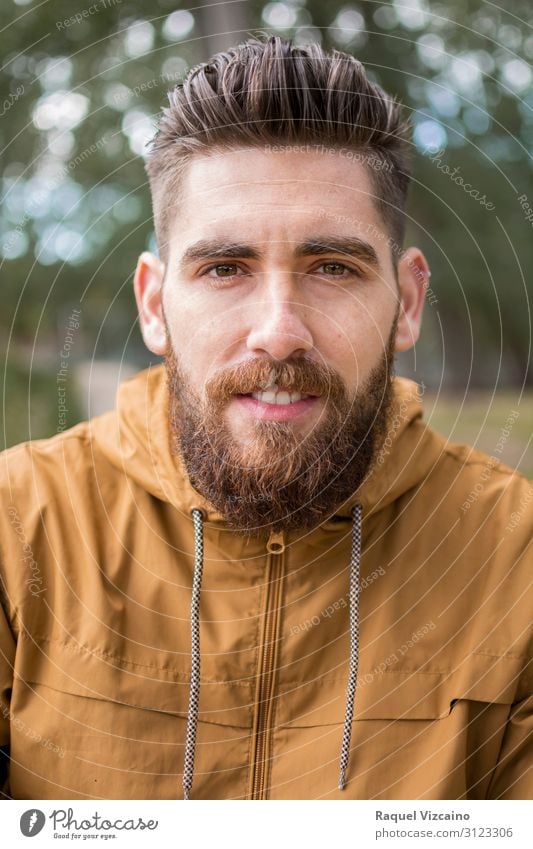 Portrait of a young guy with a beard Happy Face Human being Man Adults Facial hair 1 30 - 45 years Nature Autumn Park Sweater Jacket Beard Smiling White