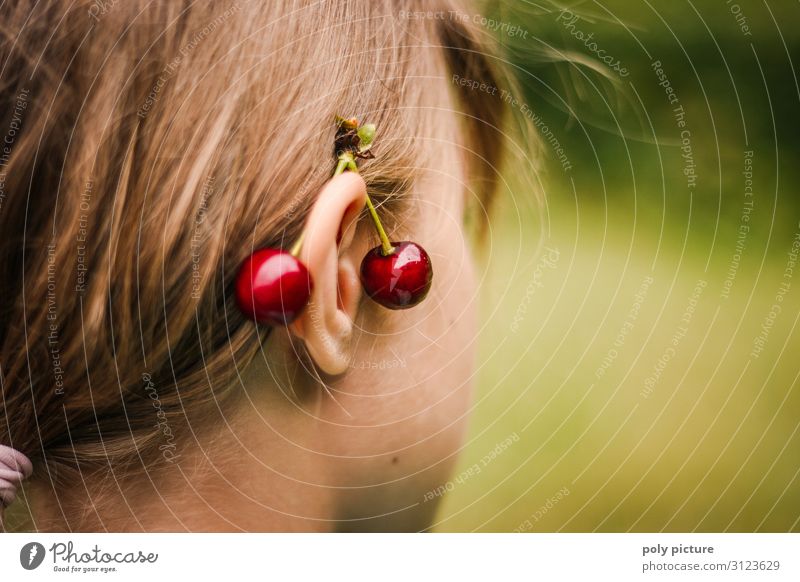 Cherries behind a girl's ears Lifestyle Style Healthy Eating Fitness Wellness Well-being Leisure and hobbies Summer vacation Girl Young woman