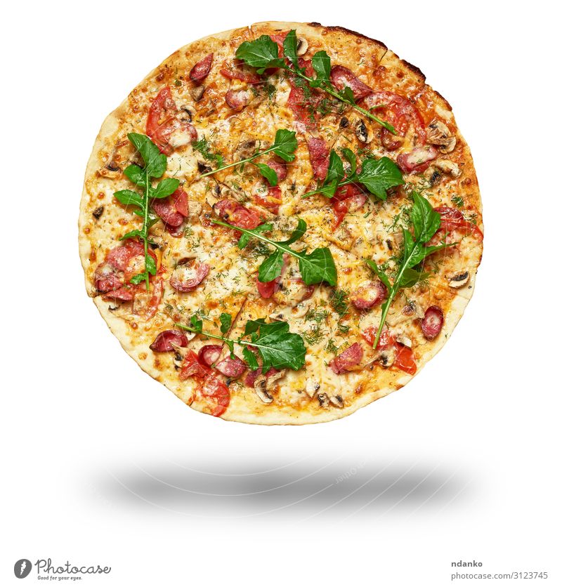 baked round pizza Meat Sausage Cheese Vegetable Dough Baked goods Lunch Dinner Fast food Restaurant Fresh Hot Yellow Green Red White Tradition Rucola Baking