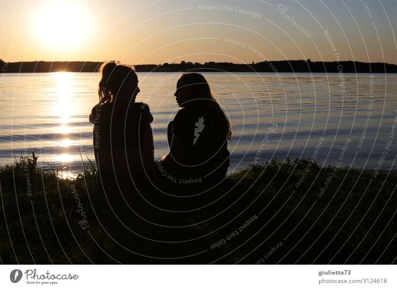 Girlfriends | Two teen girls watching sunset at the lake Infancy Youth (Young adults) 2 Human being 8 - 13 years Child 13 - 18 years Sunrise Sunset Summer