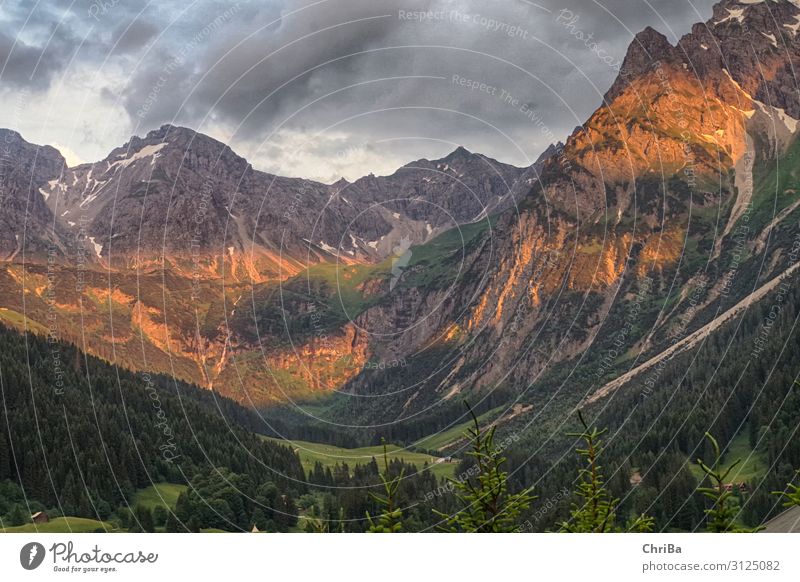 ALPENGLÜHEN Nature Landscape Earth Storm clouds Sunrise Sunset Summer Thunder and lightning Forest Hill Rock Alps Mountain Peak Canyon Discover Relaxation