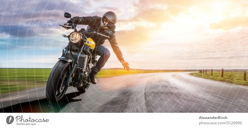 man on a motorbike on the road riding. having fun driving Lifestyle Joy Vacation & Travel Sports Engines Human being Motorcycle Touch Discover Fitness Flying