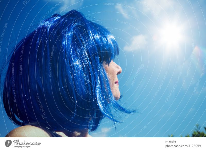 A woman with blue hair is looking at the blue sky and the sun Woman Face of a woman Sunlight Sky Hair and hairstyles Blue Blue sky Reflection Light Sunbeam