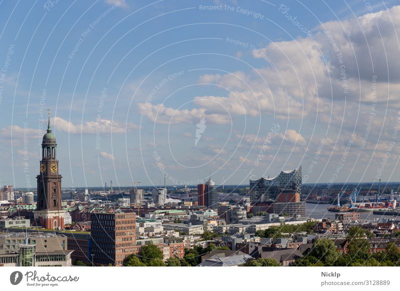 City panorama of Hamburg, Germany with view of the Elbphilharmonie "Elphi Water Sky Clouds Sunlight Summer Beautiful weather River Elbe Town Capital city