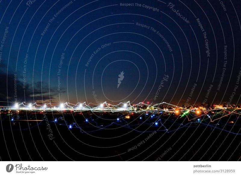 Airfield again Airplane Airplane takeoff Airport Airport Berlin-Tegel Evening Night Dark Night sky Sky Heaven Aviation Movement Multicoloured Dynamics Fantasy