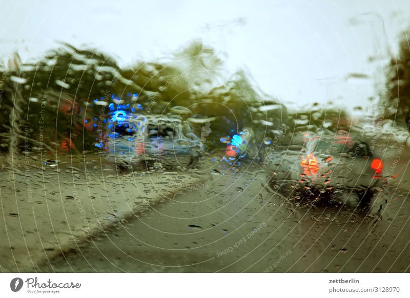 Accident in the rain Car Highway Carbon dioxide Threat Dangerous Risk Autumn Deserted Wet Drizzle Police Officer Police Force Rain Drops of water